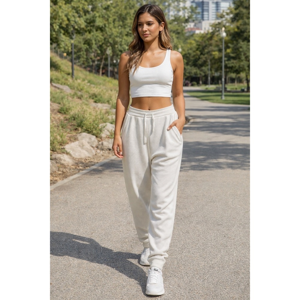 Nike Womens Waffle Knit Jogger Pants Off White Cream Drawstring Pockets XL